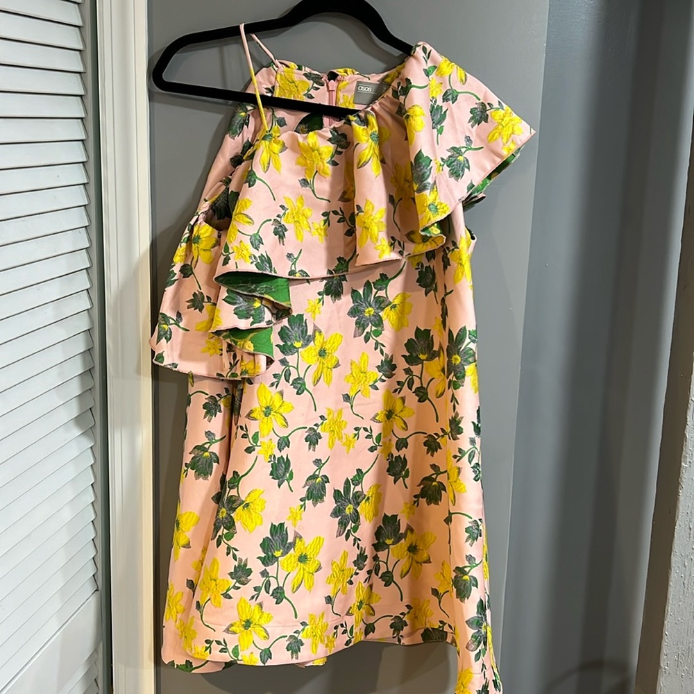 ASOS Jacquard Ruffle One Shoulder Floral Trapeze Mini Dress